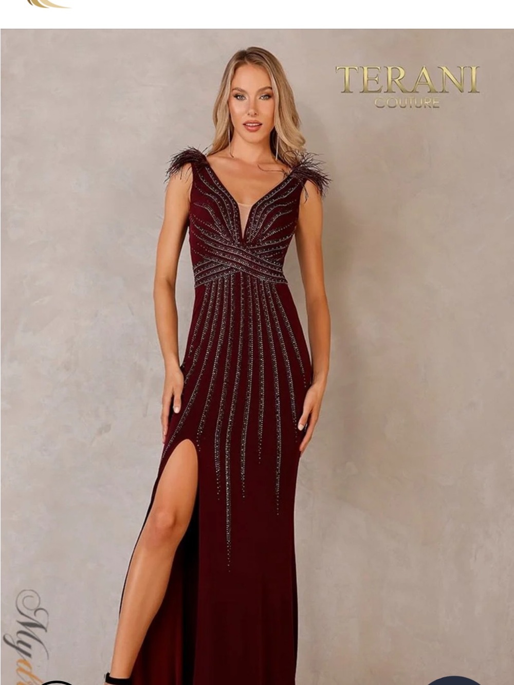Terani Couture Burgundy Beaded V‑Neck Evening Gown with Feather Shoulders
